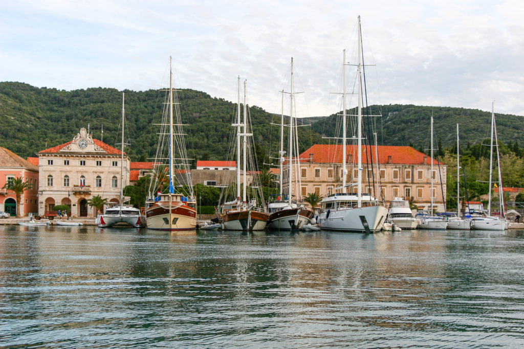 Gulets tied up stern-to in Hvar